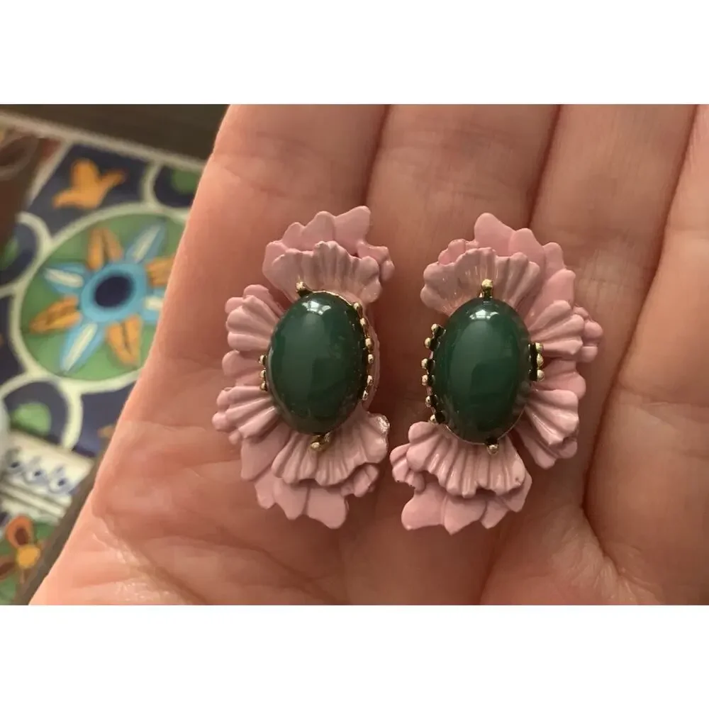 Art Deco Museum Flower Earrings Antique Pink Half Stud Boho VTG Retro Gold Pink
